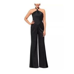 268$ AQUA Halter Neck Wide Leg Satin One Piece Jumpsuit Women's Size 6 Black